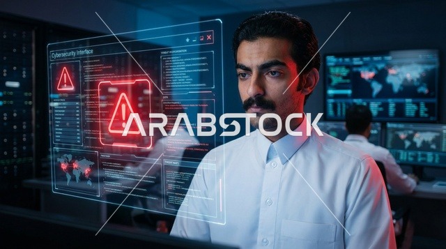 متخصص أمن سيبراني عربي يراقب تنبيه هولوغرام
