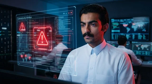 Arab Cybersecurity Specialist Looking at Hologram Warning