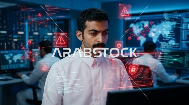 أخصائي أمن سيبراني سعودي داخل غرفة التحكم الرقمية