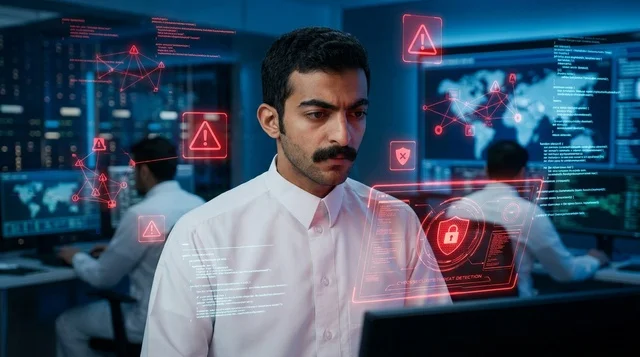 أخصائي أمن سيبراني سعودي داخل غرفة التحكم الرقمية