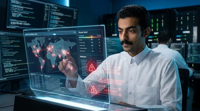 Arab IT Specialist Monitoring Futuristic Cybersecurity Screen
