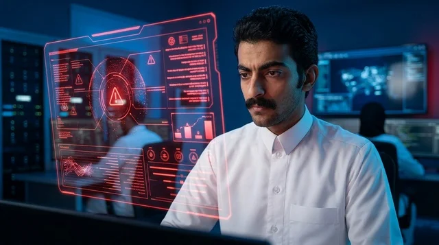 Arab Cybersecurity Analyst Monitoring Hologram Alert