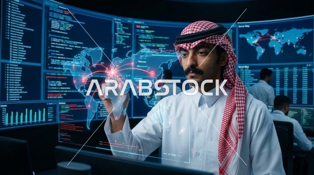 خبير أمن سيبراني سعودي في غرفة تحكم رقمية حديثة