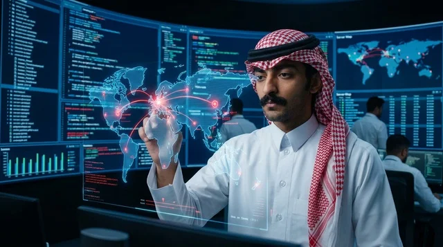 خبير أمن سيبراني سعودي في غرفة تحكم رقمية حديثة