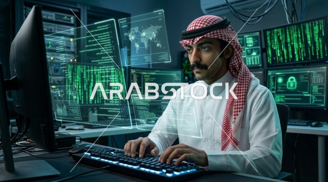 خبير أمن سيبراني عربي يعمل في مركز بيانات متطور