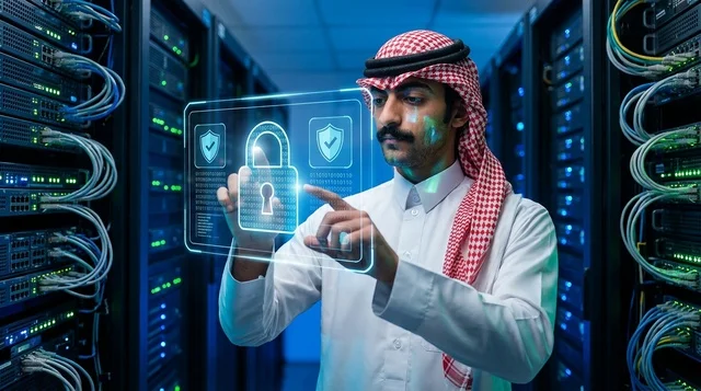 Saudi IT Specialist with Hologram in Data Center Room