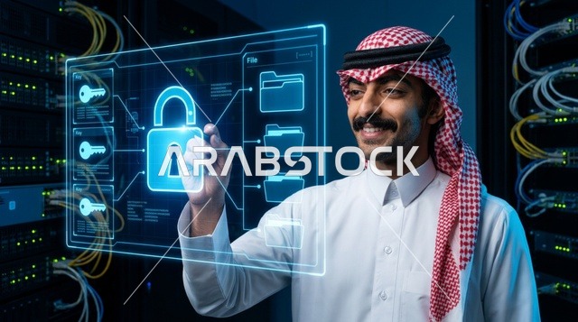 رجل سعودي في غرفة خوادم مع هولوجرام للأمن السيبراني