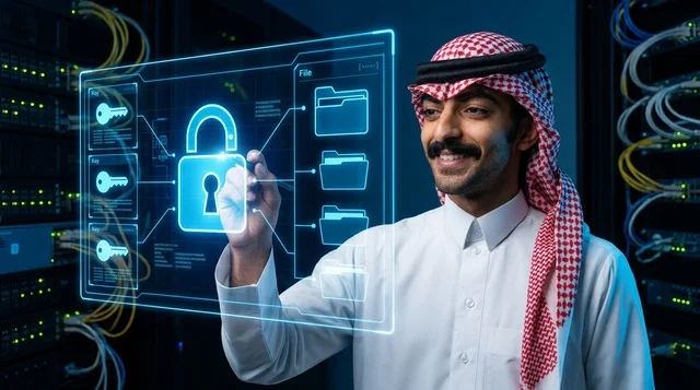 Saudi Man in Server Room with Cybersecurity Hologram