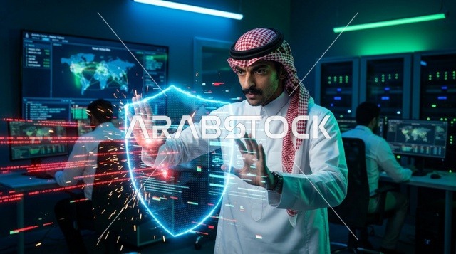 Arab Cybersecurity Expert with Digital Shield Hologram