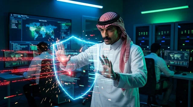 Arab Cybersecurity Expert with Digital Shield Hologram