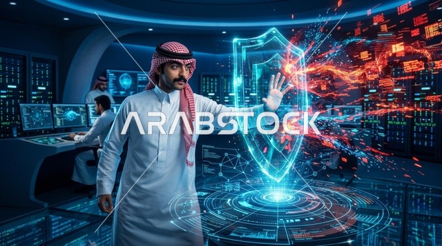 رجل سعودي في غرفة التحكم مع درع حماية هولوغرامي