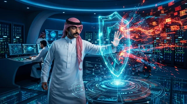 Saudi Man in Control Room with Holographic Security Shield