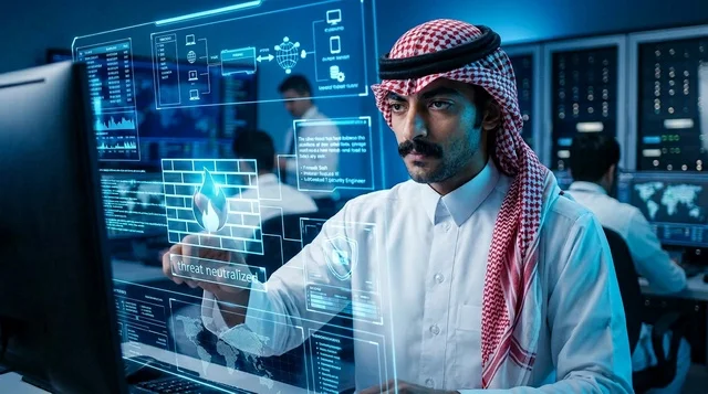Saudi Cybersecurity Specialist in High Tech Control Room