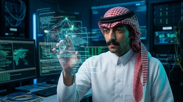 Saudi IT Specialist with Hologram in Tech Server Room