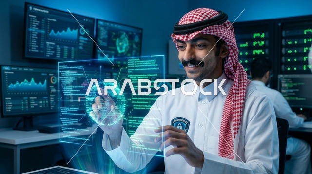 أخصائي أمن سيبراني سعودي يتفاعل مع شاشة هولوغرام رقمية