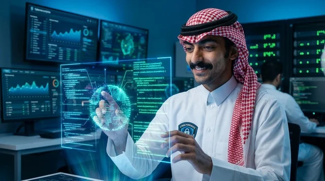 Saudi Cybersecurity Specialist Interacting With Hologram