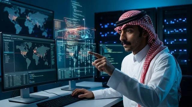Saudi IT Specialist in Futuristic Server Room Data Center