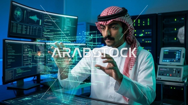 مهندس تقنية معلومات سعودي مع شاشة هولوغرام تفاعلية