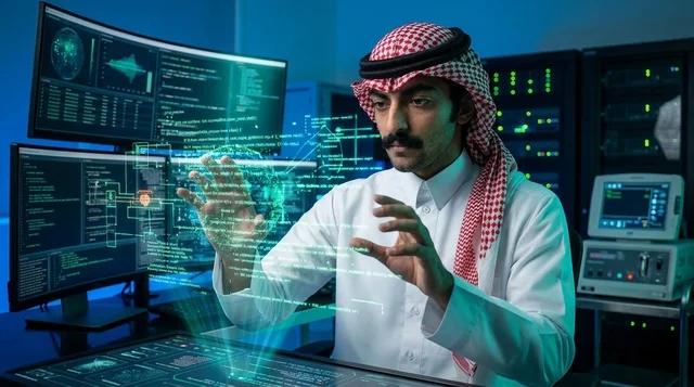 Saudi IT Engineer with Holographic Screen in Server Room