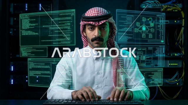 Saudi Cybersecurity Specialist Coding in Server Room