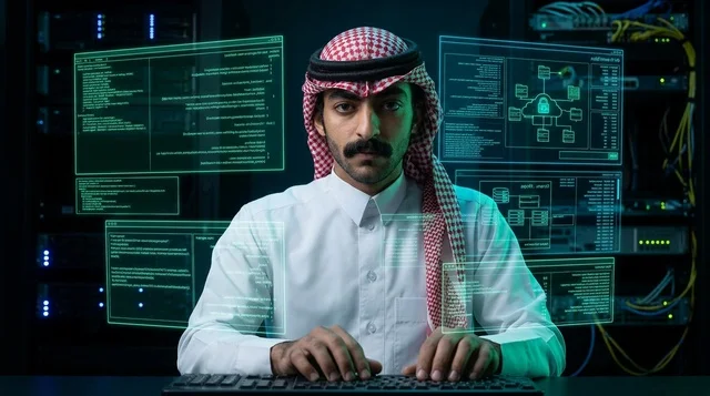 Saudi Cybersecurity Specialist Coding in Server Room