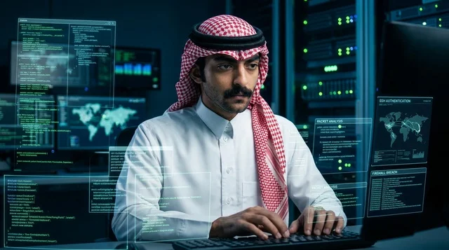 Arab IT Specialist Coding in High-Tech Server Room