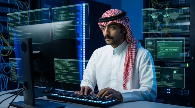 Saudi IT Specialist Working in Futuristic Data Center