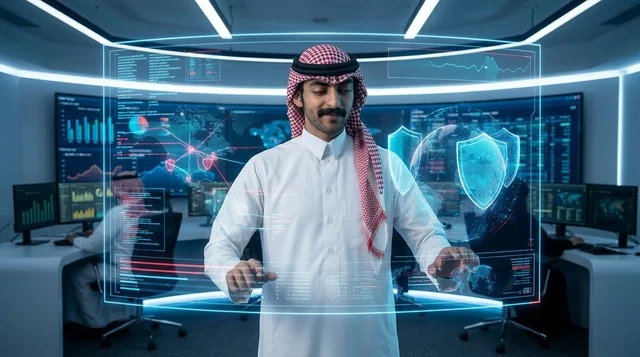رجل سعودي يستخدم واجهة هولوغرام للأمن السيبراني