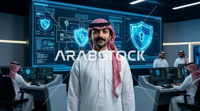أخصائي أمن سيبراني سعودي داخل مركز عمليات رقمي متطور