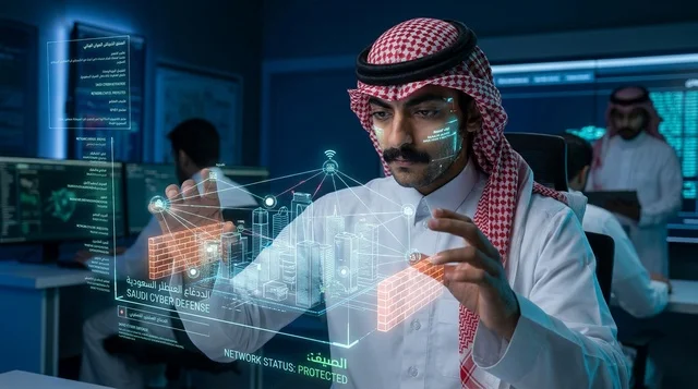 Saudi Cybersecurity Expert with Hologram Interface