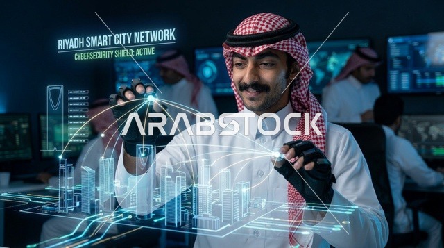 متخصص سعودي يتفاعل مع هولوجرام مدينة الرياض الذكية