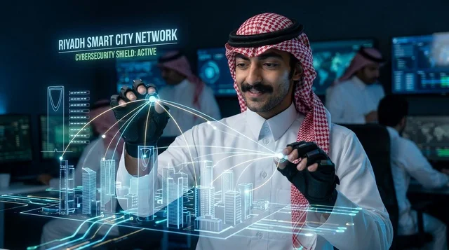 متخصص سعودي يتفاعل مع هولوجرام مدينة الرياض الذكية