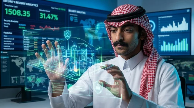 Saudi Cybersecurity Specialist with Futuristic Hologram