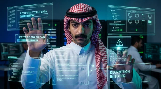 Saudi Cybersecurity Specialist with Hologram Screens