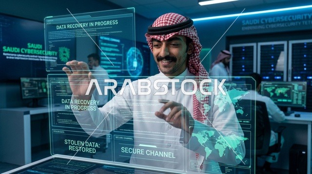 رجل سعودي يستخدم واجهة هولوغرام بمركز الأمن السيبراني