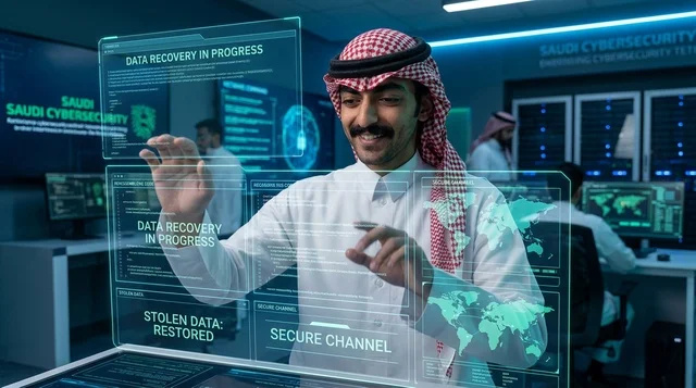 Saudi IT Specialist Using Hologram in Tech Command Center