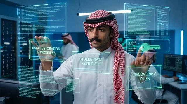 Saudi Cybersecurity Specialist with Holographic Screen