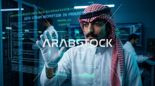 Arab Engineer Interacting with Hologram in Data Center