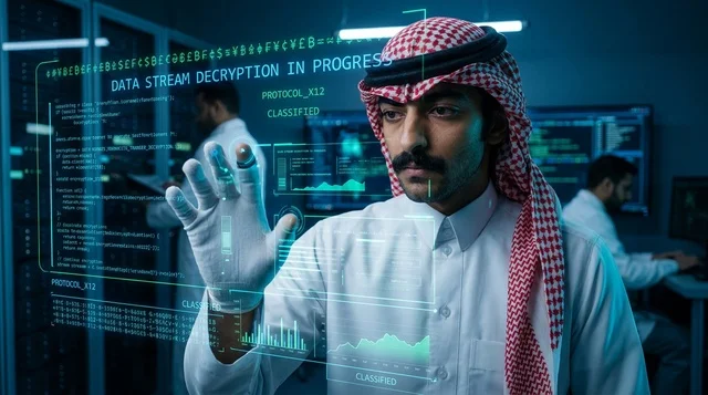 Arab Engineer Interacting with Hologram in Data Center