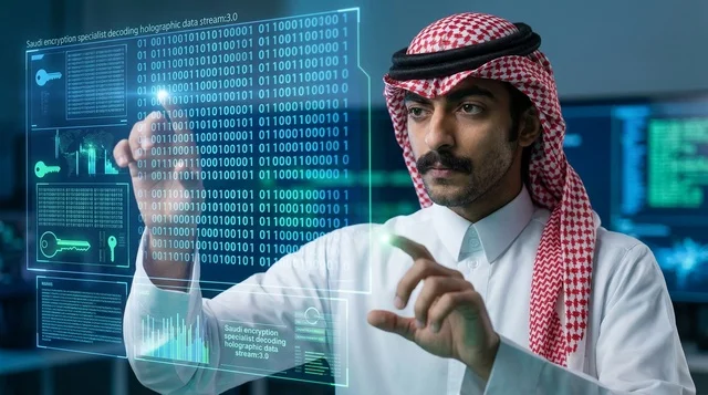 أخصائي أمن سيبراني سعودي يتفاعل مع شاشة هولوغرامية