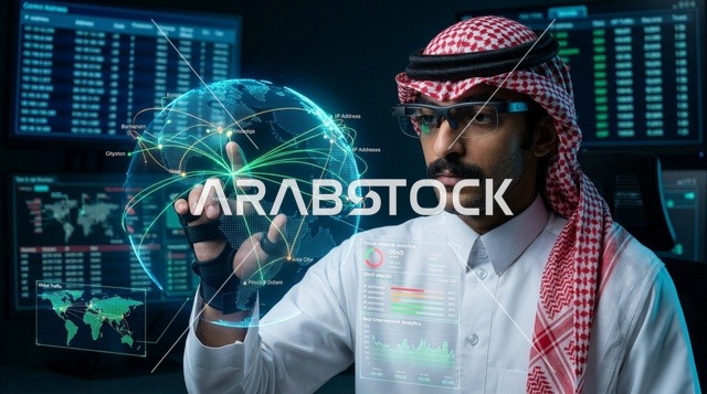 Arab IT Specialist Interacting With Holographic Globe