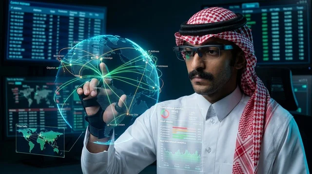 Arab IT Specialist Interacting With Holographic Globe