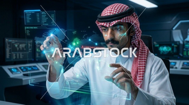 Arab Man Analyzing Cybersecurity on Hologram Screen