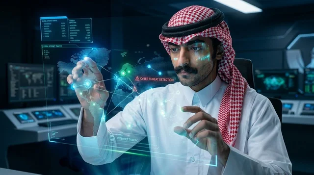 Arab Man Analyzing Cybersecurity on Hologram Screen
