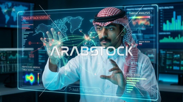 متخصص أمن سيبراني سعودي يتفاعل مع شاشة هولوجرام ذكية