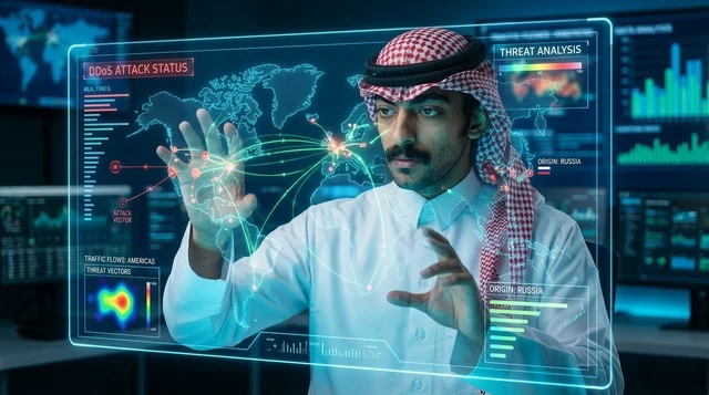 Saudi Cybersecurity Specialist Interacting with Hologram