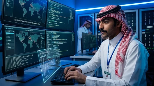 Saudi Cybersecurity Specialist in High Tech Control Room