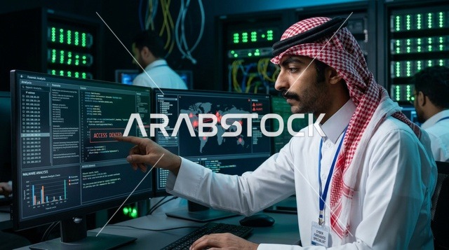أخصائي أمن سيبراني سعودي داخل مركز البيانات وغرفة الخوادم
