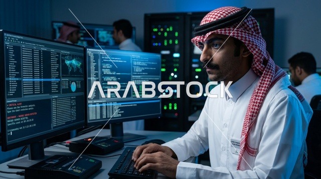 أخصائي أمن سيبراني سعودي يعمل في غرفة الخوادم