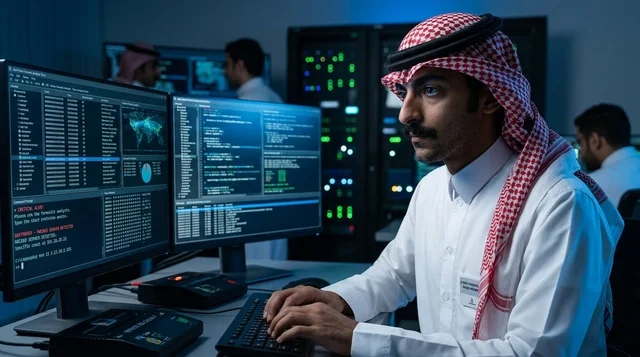 Saudi Cyber Security Specialist Working in Server Room